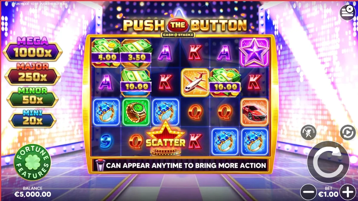 Push the Button স্লট গেমের গ্ল্যামারাস গেম শো স্টুডিও ইন্টারফেস